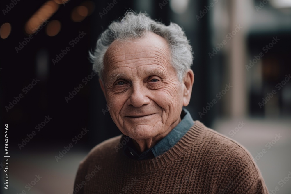 Portrait of smiling senior man with grey hair looking at camera outdoors