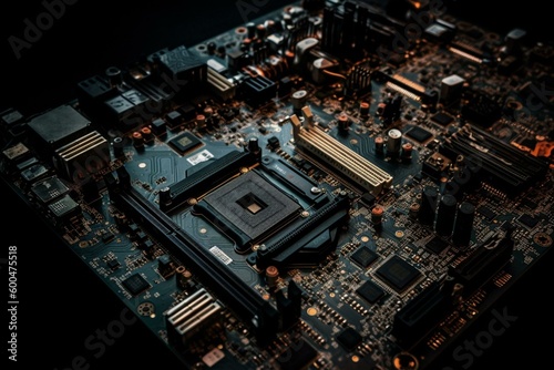 Computer motherboard processing data on black background. Generative AI