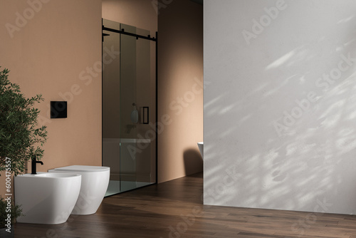 Fototapeta Naklejka Na Ścianę i Meble -  Modern bathroom with a blank white wall for bathroom cabinet mock-up, bathtub, parquet flooring, beige walls, plants, toilet, bidet and natural light pouring in through the window. 3d rendering