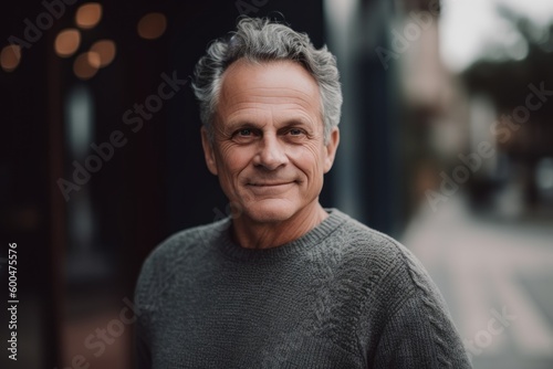 Portrait of handsome senior man with grey hair smiling at camera outdoors