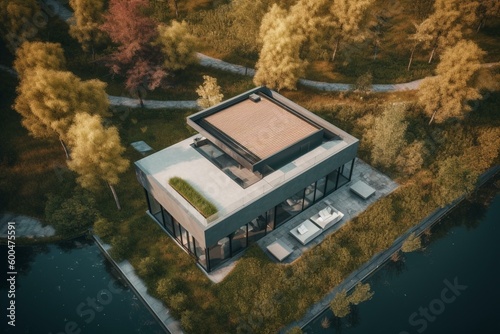 Bird's-eye view of contemporary home surrounded by natural beauty next to a lake. Generative AI
