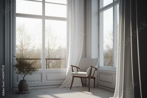 Bright scandinavian room with chair and lush view. Generative AI