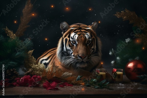 Card for New Year featuring a tiger design. Generative AI © Darian