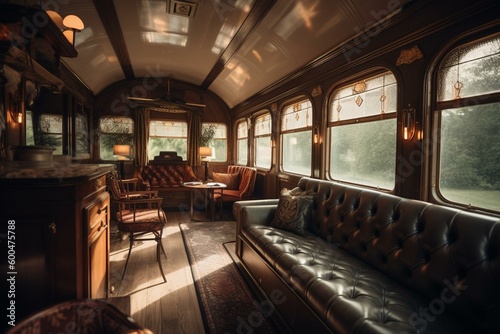 Spacious opulent design in executive railcar with natural light streaming in. Generative AI