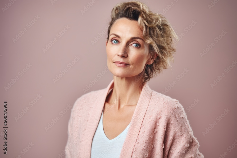 Portrait of a beautiful middle-aged woman with short wavy hair on a pink background Portrait of a beautiful middle-aged woman with short wavy hair on a pink background