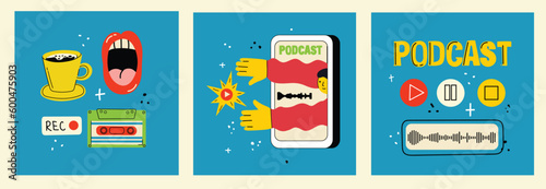 Concept of watching video online, podcast, talk show, tv application, live streaming. Hand holding smartphone with man with microphone on screen. Vector illustration in flat style