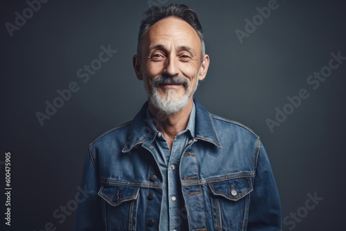 Portrait of a smiling senior man in denim jacket on grey background