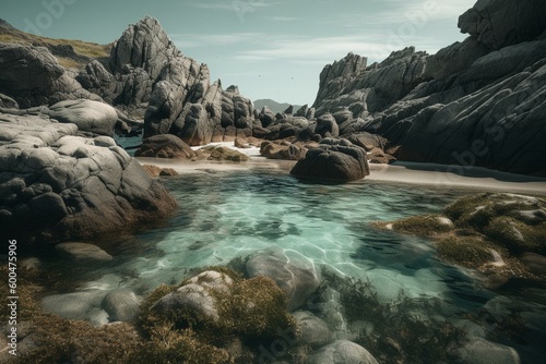 A rocky beach with a lagoon and protruding rocks in the water. Generative AI