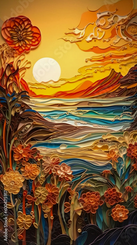 Paper quilling art representing a landscape with water, sky and trees. Created with Generative AI technology.