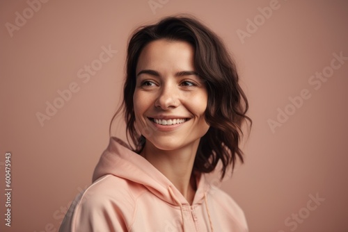 Portrait of a beautiful young woman in pink hoodie smiling at camera isolated over beige background