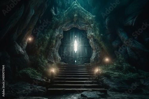 Entrance to a stunning otherworldly realm. Imaginative, spiritual, and enigmatic portal and tunnel. Generative AI