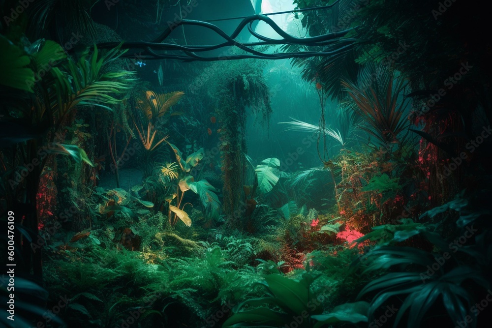 Neon-framed jungle with fluorescent tropical plants. Generative AI