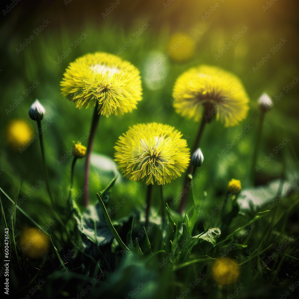 Yellow dandelions in green grass on a lawn. Ai Generated Yellow dandelions in green grass on a lawn. Ai Generated
