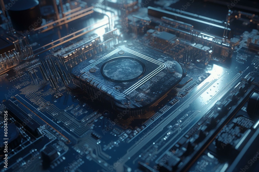 3D illustration of a futuristic electronic circuit board with abstract blue sci-fi hi-tech equipment. Generative AI