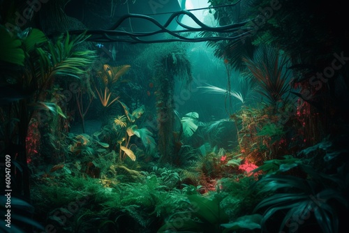 Neon-framed jungle with fluorescent tropical plants. Generative AI