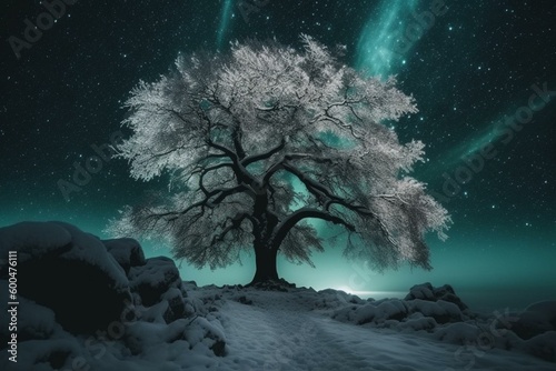 Snowy tree framed by mesmerizing aurora borealis. Generative AI