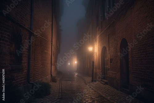 A spooky medieval alley enveloped in fog during dusk captured in digital art. Generative AI