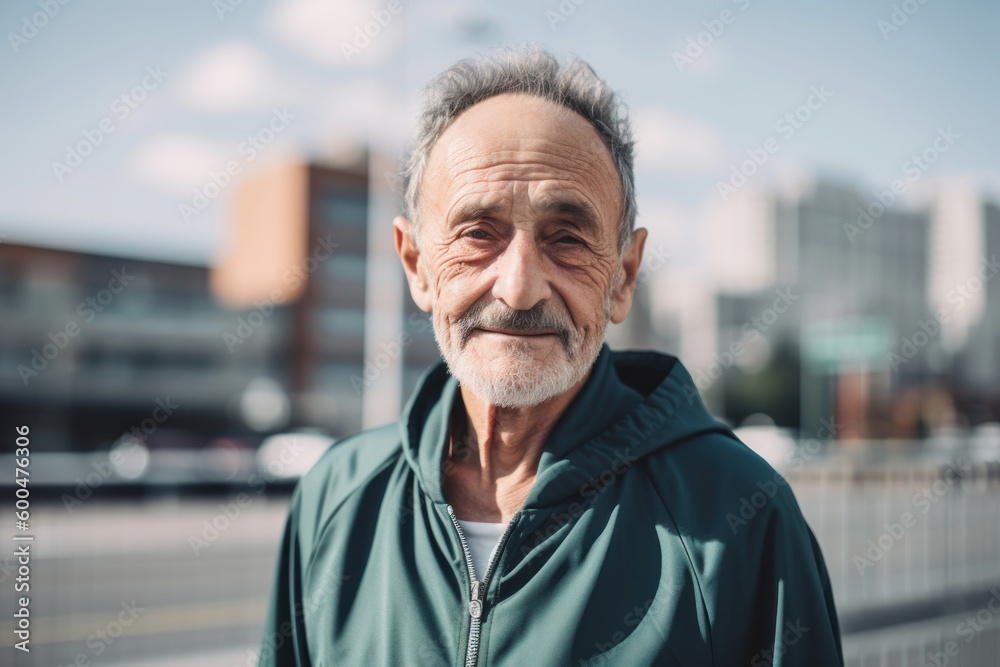 Portrait of a senior man with gray hair in the city.