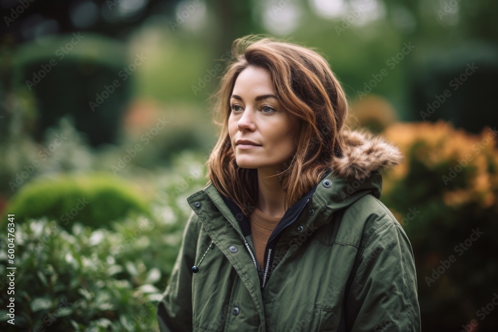 Outdoor portrait of a beautiful young woman in a green jacket. Outdoor portrait of a beautiful young woman in a green jacket.