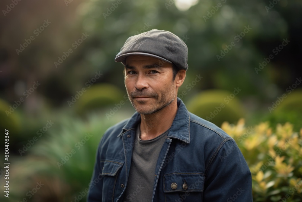 Portrait of a handsome man wearing a baseball cap in the garden