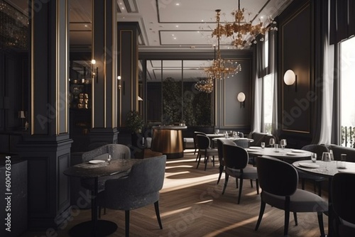 Luxurious cafe-restaurant interior in 3D. Generative AI