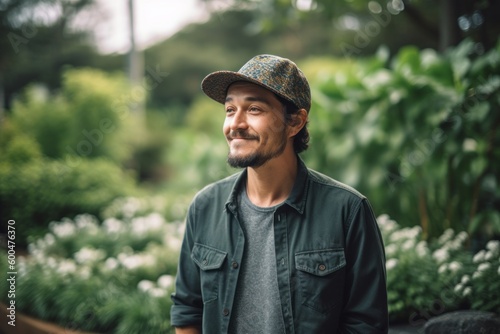 Portrait of a smiling Asian man wearing a hat in the garden