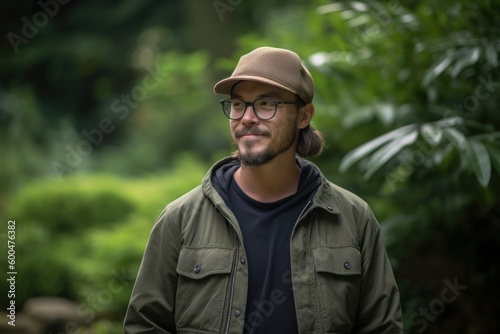 Portrait of a young man wearing a hat and glasses in a park