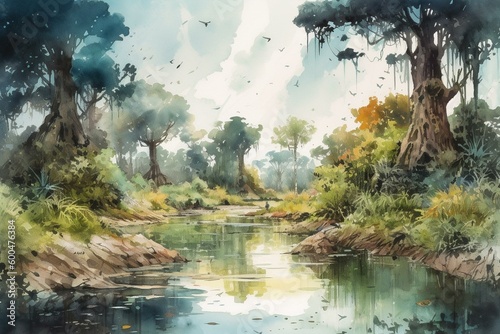 Anime-inspired watercolor painting of a magical bayou landscape. Generative AI photo