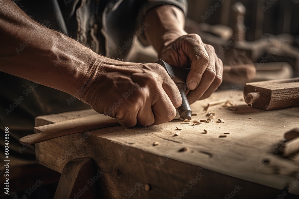 Carpenter working on woodworking in carpentry shop. Generative AI Carpenter working on woodworking in carpentry shop. Generative AI