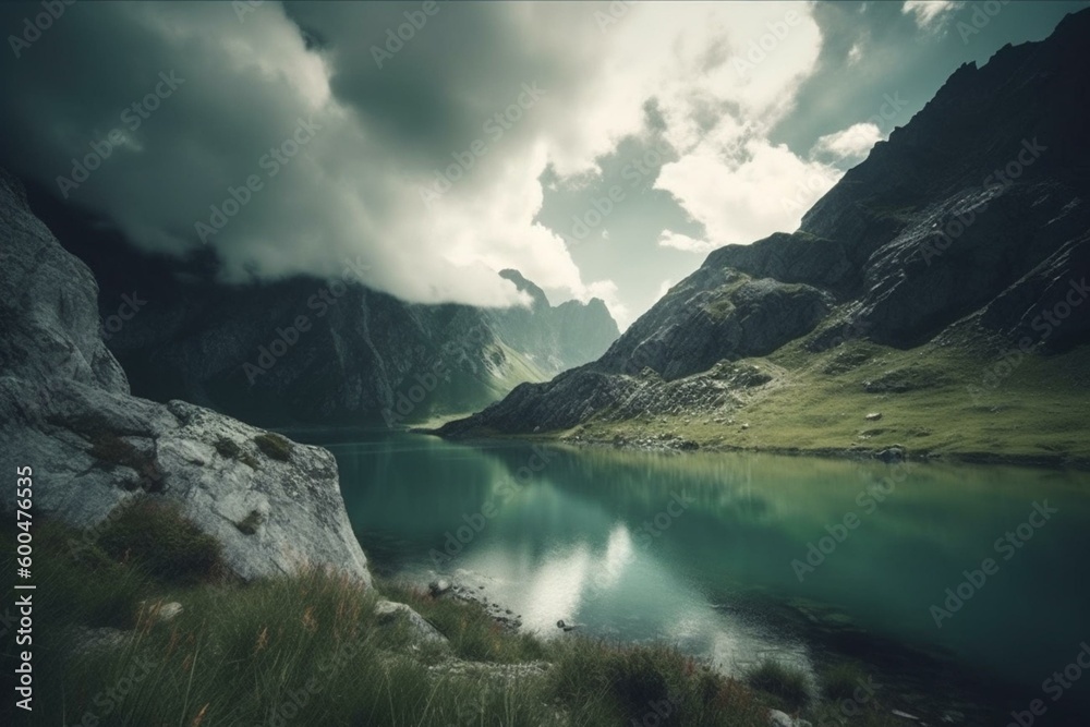 Gaming wallpaper of mountainous landscape with lake and clouds. Cold and serene nature. Generative AI