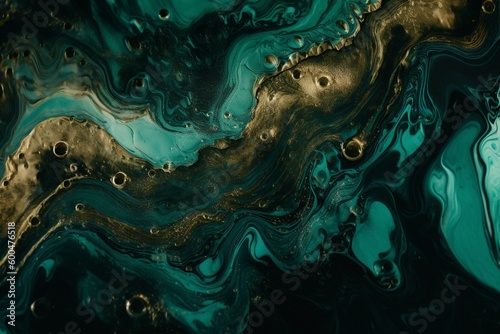 Luxurious jade green and golden ripple alcohol ink pattern in agate with swirls of oil and water color turbulence for modern artistic background. Generative AI