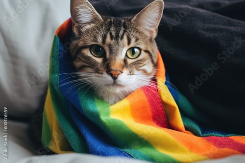 Cat wrapped up in a LGBT color flag. Gay pride animals. Homosexual relationships and transgender orientation concept. Generative AI