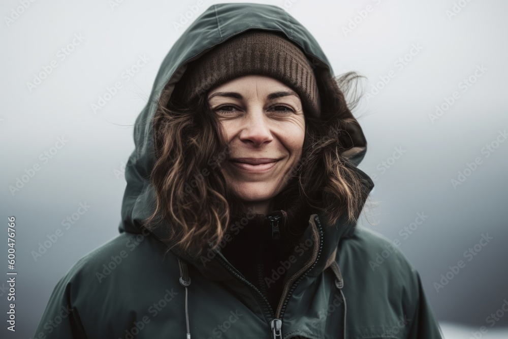 Portrait of a smiling woman in a raincoat and hat. Portrait of a smiling woman in a raincoat and hat.