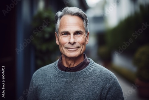 Portrait of smiling senior man standing outside in the street at home