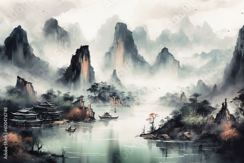Traditional Chinese landscape painting with ink and watercolor. Oriental art and scenery, hand-drawn illustration. Generative AI © Jovanni