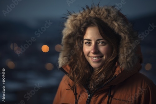 Wallpaper Mural Young woman in winter coat smiling and looking at the camera with city view in the background Torontodigital.ca