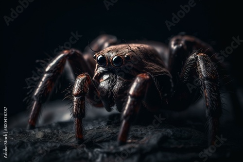 Macro shot of arachnid on dark surface. Generative AI