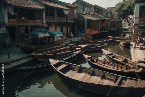 Historic fishing town of Duy Vinh in Hoi An, Vietnam with traditional boats. Generative AI