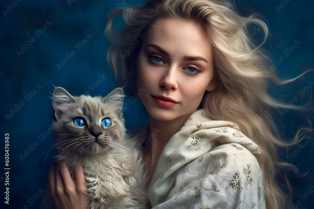 Portrait of a blonde girl holding her cat. Created with Generative AI technology. Portrait of a blonde girl holding her cat. Created with Generative AI technology.