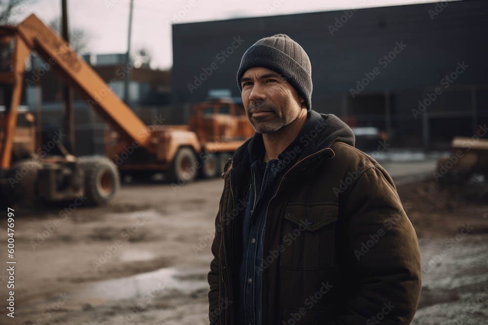 Full-length portrait photography of a satisfied man in his 30s wearing a warm beanie or knit hat against a construction site or work zone background. Generative AI