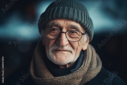 Portrait of an old man with a gray beard and glasses on the street