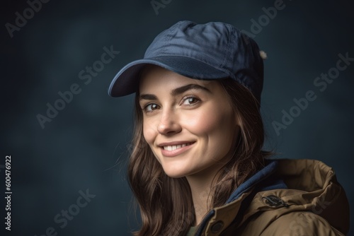 Portrait of a beautiful woman in a cap on a dark background