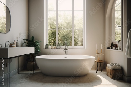 Bright bathroom with large freestanding tub. Generative AI