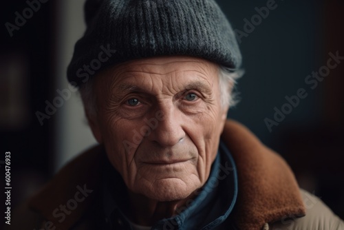 Portrait of an elderly man in a warm hat and coat.