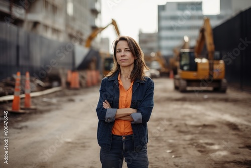 Confident female construction worker standing with arms crossed in front of construction site
