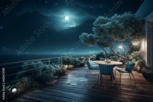 A coastal terrace with night sky and full moon view. Invokes rest, relaxation and vacation. Generative AI