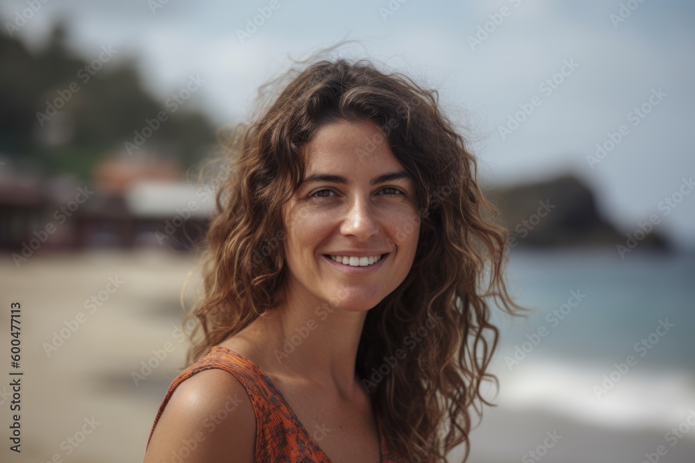 Portrait of a beautiful young woman with curly hair on the beach
