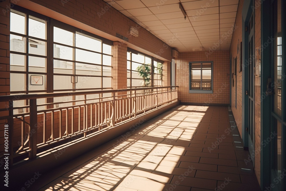 A 2D anime illustration of a daylight high school corridor balcony. Generative AI