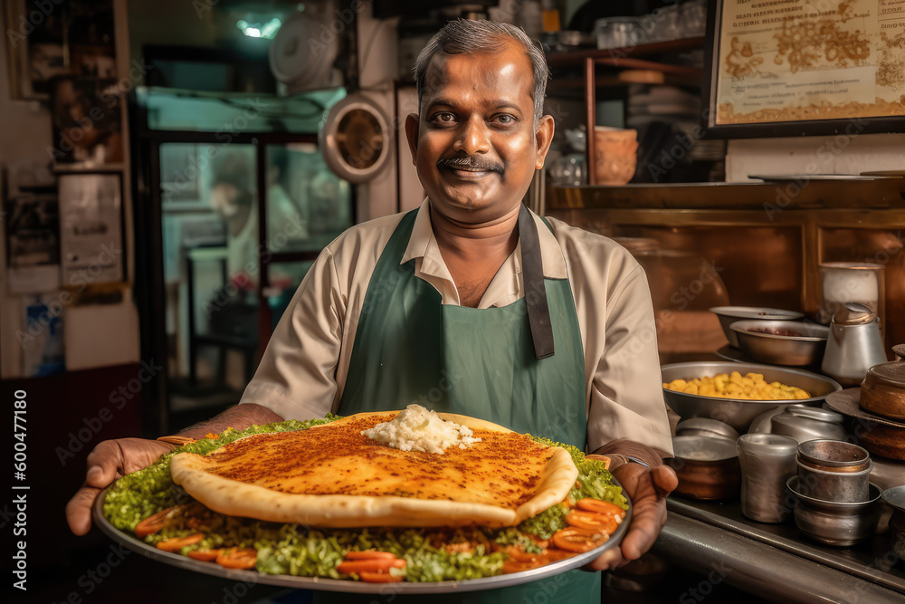 Savoring South Indian Delights: In this picturesque moment, a talented Tamil Nadu chef presents a beautifully crafted platter featuring dosa and chutney, the quintessential South Indian breakfast dish Savoring South Indian Delights: In this picturesque moment, a talented Tamil Nadu chef presents a beautifully crafted platter featuring dosa and chutney, the quintessential South Indian breakfast dish