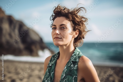 Portrait of a beautiful young woman with curly hair standing on the beach